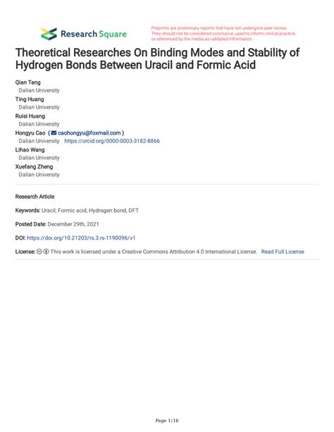 (PDF) Theoretical Researches On Binding Modes and Stability of Hydrogen Bonds Between Uracil and ...