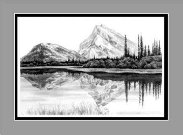 Mountains Lake Reflection Landscape Drawing Matted by kelliswan, $30.00 | Landscape pencil ...