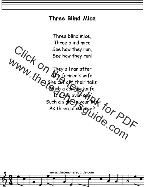 Three Blind Mice Lyrics, Printout, MIDI, and Video