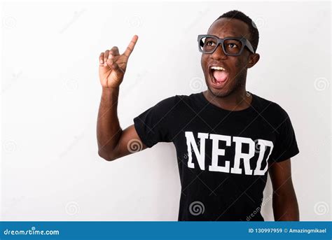 Studio Shot of Young Happy Black African Geek Man with Great Ide Stock Image - Image of smile ...