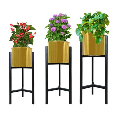 Golden Indoor Planters with Black Stand, Flower Pot, Golden, Set of 3