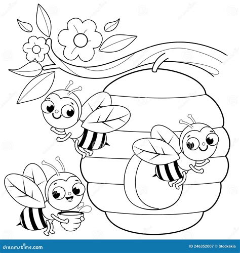 Bees Flying Around a Beehive. Vector Black and White Coloring Page Stock Vector - Illustration ...