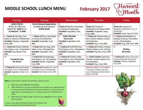 February 2017 Middle School Lunch Menu HOM | School lunch menu, Lunch menu, Breakfast menu