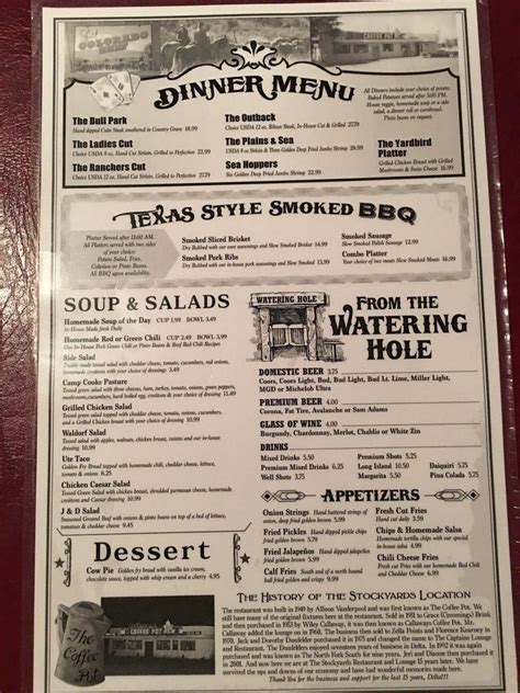 Menu at The Stockyards cafe, Delta