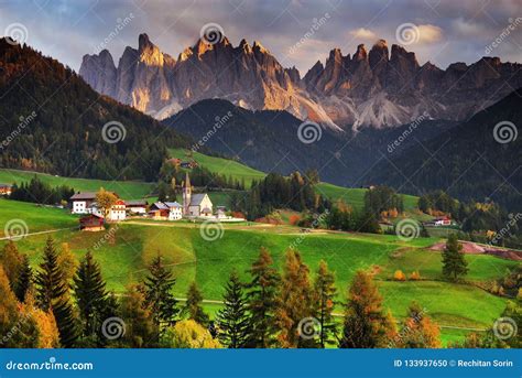 The Church Santa Maddalena with the Impressive Odle Mountains Group in the Background at Sunset ...