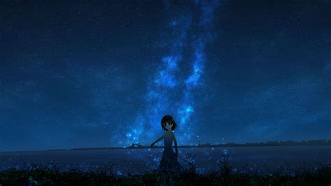 girl, night, starry sky, anime, 4k HD Wallpaper