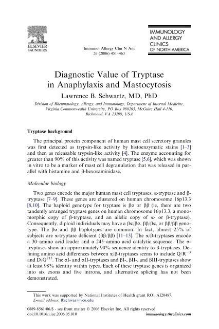 Diagnostic Value of Tryptase in Anaphylaxis and Mastocytosis