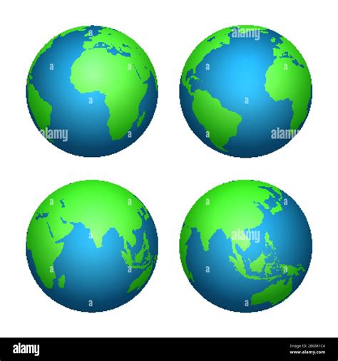 Earth 3d globe. World map with green continents and blue oceans. Vector isolated set of earth ...