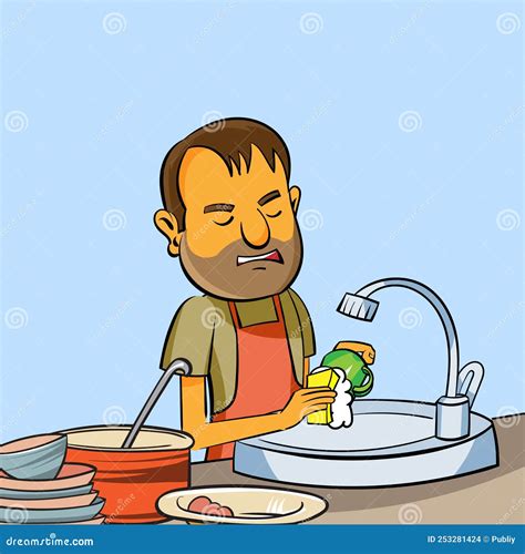 Illustration of a Man Who is Washing Up Dishes Stock Illustration ...