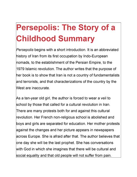 Summary The Complete Persepolis 2 - Persepolis: The Story of a Childhood Summary Persepolis ...