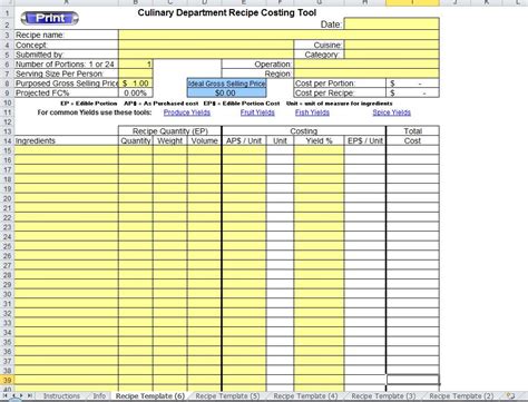 Excel Recipe Template for Chefs - Chefs Resources | Recipe template ...