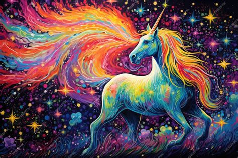 Premium AI Image | Unicorn with rainbow mane and tail on starry sky background Pointillism space ...