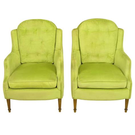 Pair of Chartreuse Yellow-Green Velvet Regency Lounge Chairs For Sale at 1stdibs