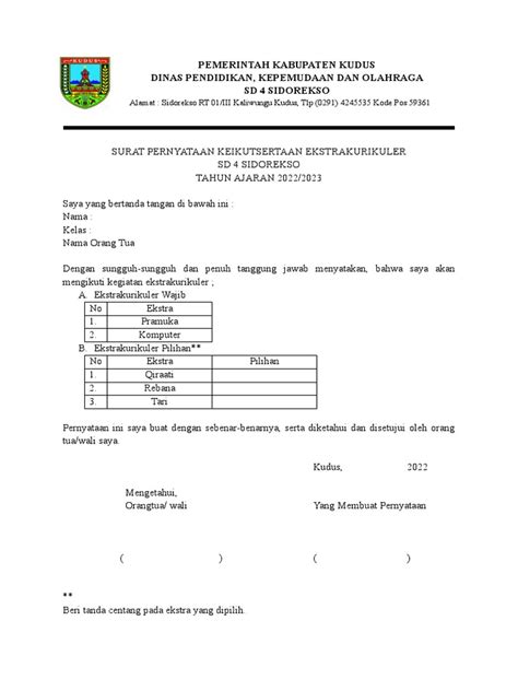 Surat Pernyataan Keikutsertaan Ekstrakurikuler | PDF