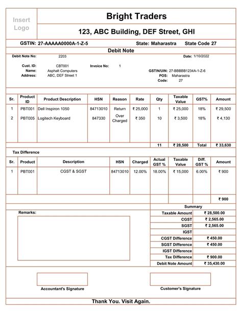 Ready-To-Use GST Debit Note Format for Under Billing - MSOfficeGeek