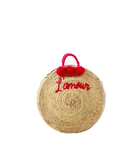 Personalized Round Straw Bag With Wrapped Handles And Pompoms | Mazador