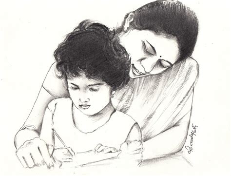 Sketches and Drawings : Mother - the first teacher - pencil drawing