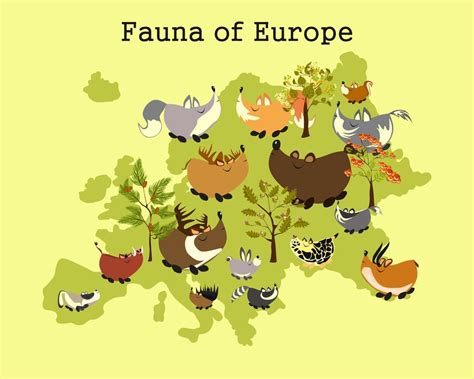 Animal map of Europe. Children s educational poster with animals of the middle zone of Europe ...