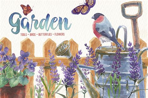 watercolor in the garden clip art (77789) | Illustrations | Design Bundles