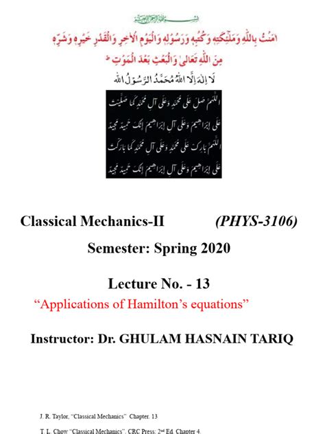 Lecture No. 13 - Applications of Hamilton's Equation | PDF | Hamiltonian Mechanics | Lagrangian ...