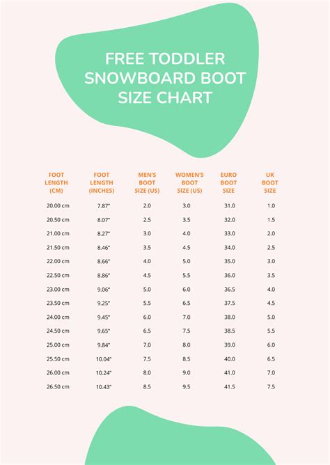 Free Toddler Snowboard Boot Size Chart Template - Edit Online ...