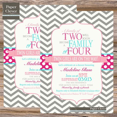 Twins Baby shower invitation family of four chevron stripe, hot pink ...