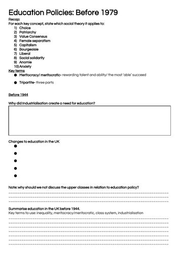 Education Policies Before 1979 - A-Level Sociology | Teaching Resources