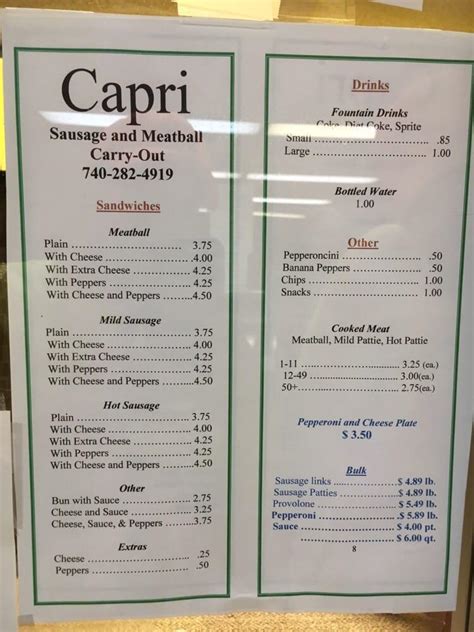 Menu at Capri restaurant, Steubenville