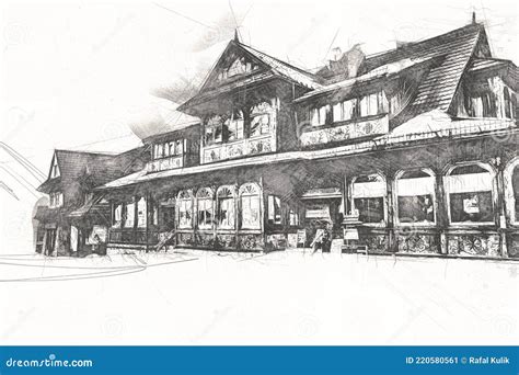 Wooden Architecture of Zakopane at Day, Poland, Illustration Art Drawing Sketch Stock ...