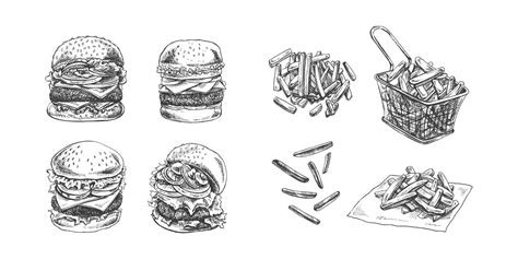 Burgers and potato french fries set. Hand drawn sketch of different ...