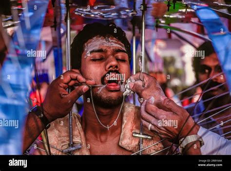 Devotee with Pierced Body in a Religious Procession at Thaipusam, Singapore, South East Asia ...