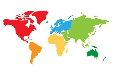 World Map Divided Into Six Continents Each Continent In Different Color ...