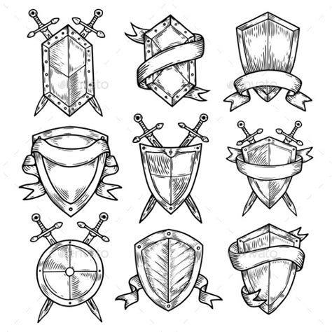 Blank or Empty Shields with Swords and Ribbons | Shield drawing, Sketches, Shield tattoo