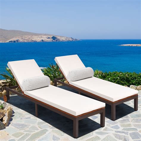 Gymax 2PCS Wooden Patio Chaise Lounge Chair Recliner Garden Yard w/ Cushion Wheel | Walmart Canada