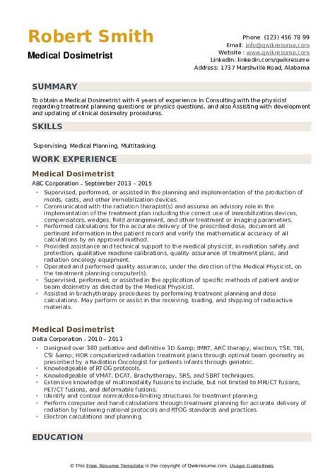 Medical Dosimetrist Resume Samples | QwikResume