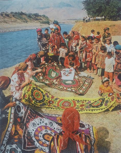 Vintage photo of tajik girls embroidering Suzani, traditional textiles ...