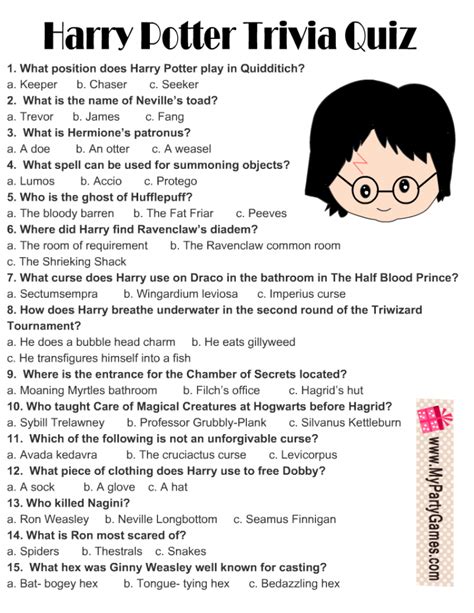 Free Printable Harry Potter Trivia Quiz with Answer Key