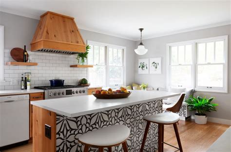 a kitchen with an island and two stools