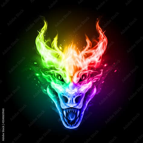 Fire Dragon Head in Rainbow Color Flame on the Dark Background. Modern ...