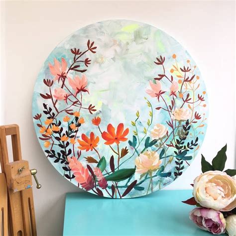 Round Floral Cotton Canvas Painting Warm Palette | Circular canvas painting, Canvas painting ...