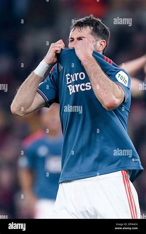 Santiago Gimenez of Feyenoord Rotterdam looks dejected during the UEFA Europa League Quarter ...