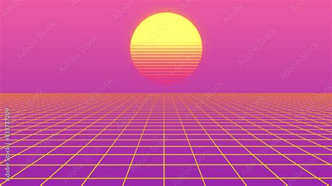 Retro abstract background futuristic neon landscape 1980s style. Perspective grid in retro style ...