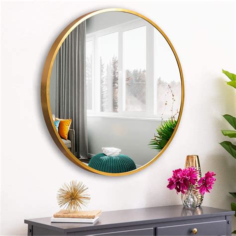 NeuType 28" Gold Round Wall Mirror, Modern Aluminum Alloy Frame Accent Wall-Mounted Decorative ...