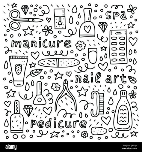 Poster with lettering and different outline doodle icons for nail salon ...