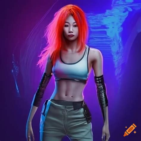 Cyberpunk asian woman with orange hair in pink racerback tank top