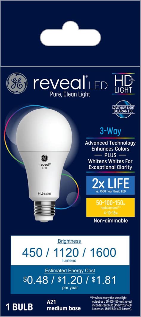 GE Reveal HD+ LED 150/100/50 Watt Replacement, Reveal, A21 3-Way Bulb ...