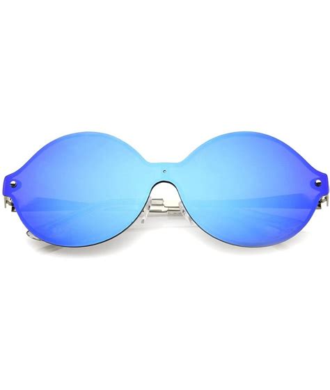 Oversize Round Color Mirror Shield Lens Metal Temple Rimless Sunglasses ...