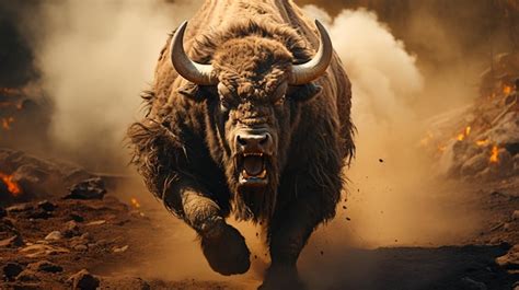 Premium AI Image | Angry bison running to fight