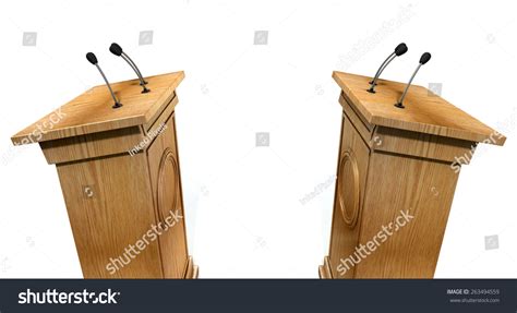 Two Opposing Regular Wooden Debate Podiums Signifying A Debate On An Isolated White Studio ...