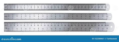 Realistic Metal Ruler. Measuring Tool, 12 Inches and 30 Centimeters Rulers Isolated Vector Set ...